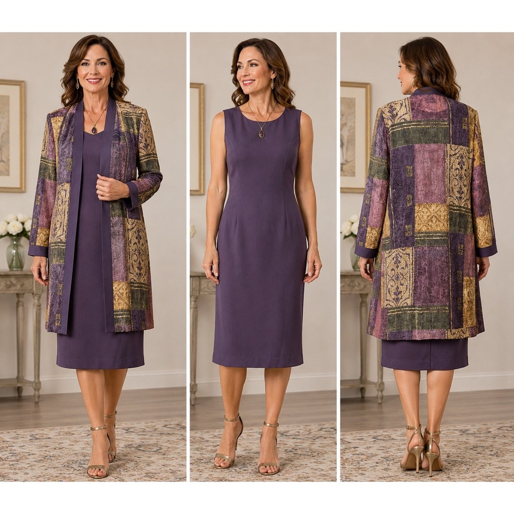 R&M Richards Karen Kwong Purple Sheath Dress & Patchwork Jacket Set Womens 8